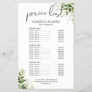 Greenery Floral Salon Service Menu Price List