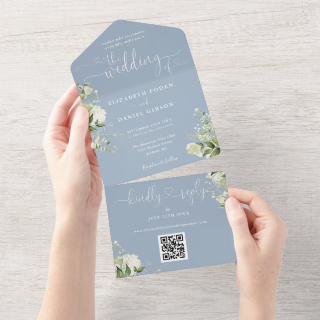 Greenery Floral Script Dusty Blue QR Code Wedding All In One Invitation (Tearaway)