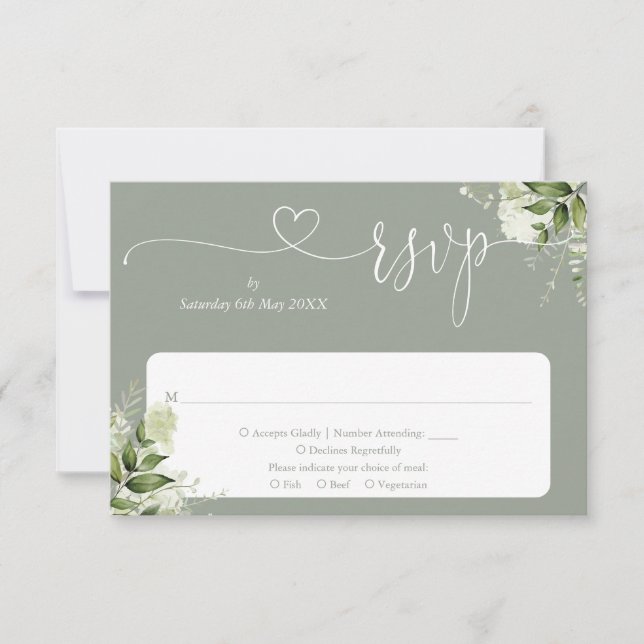 Greenery Floral Script Heart Sage Green RSVP Card (Front)
