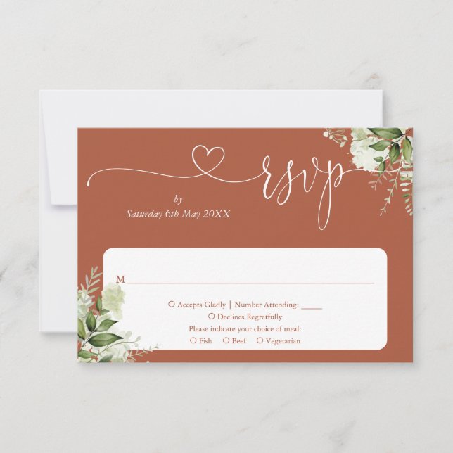 Greenery Floral Script Heart Terracotta RSVP Card (Front)