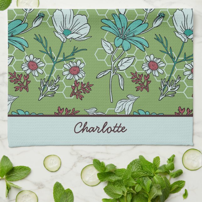 Greenery floral seamless pattern personalised name tea towel (Folded)