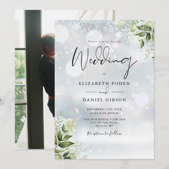 Greenery Floral Snowflakes Photo Winter Wedding Invitation (Front/Back)