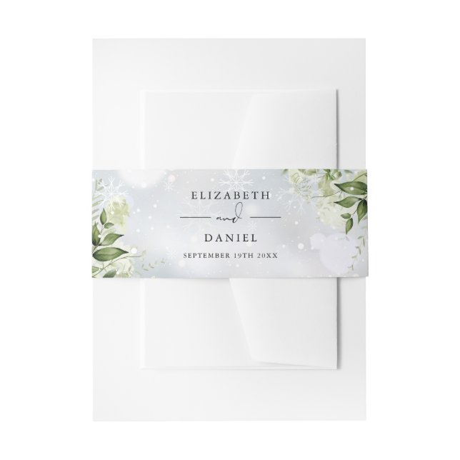 Greenery Floral Snowflakes Winter Wedding Invitation Belly Band (Front Example)