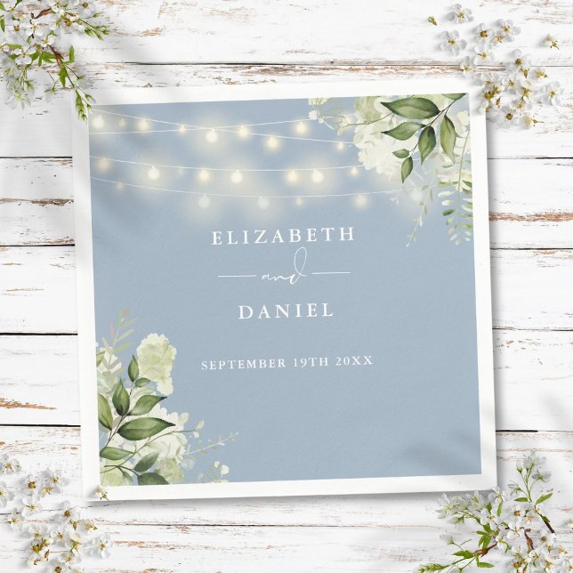 Greenery Floral String Lights Dusty Blue Wedding Napkin (Greenery Floral String Lights Dusty Blue Wedding Napkins)