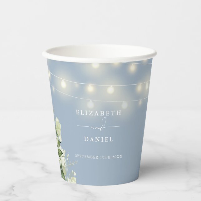 Greenery Floral String Lights Dusty Blue Wedding Paper Cups (Front)