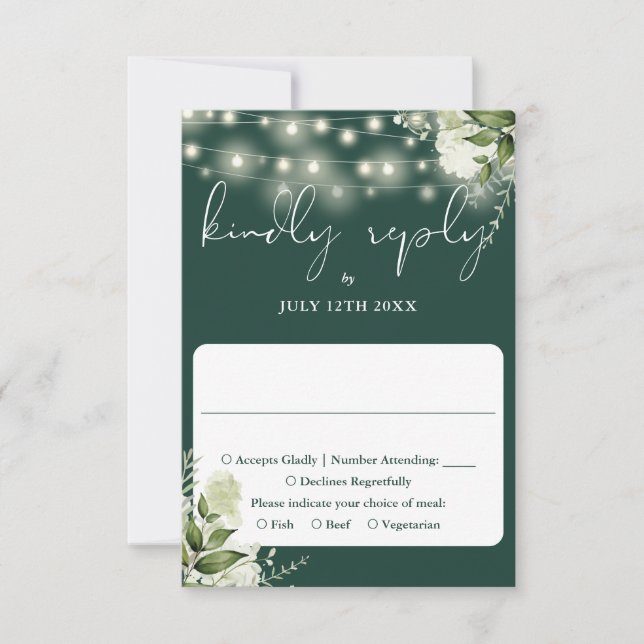 Greenery Floral String Lights Emerald Wedding RSVP Card (Front)
