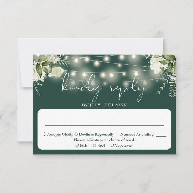 Greenery Floral String Lights Emerald Wedding RSVP Card (Front)