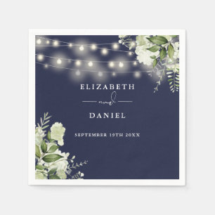 Greenery Floral String Lights Navy Blue Wedding Napkin