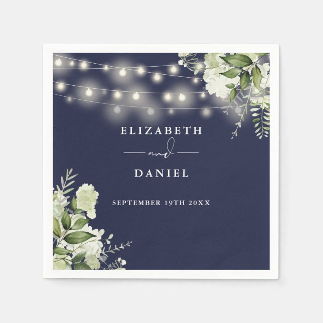 Greenery Floral String Lights Navy Blue Wedding Napkin (Front)