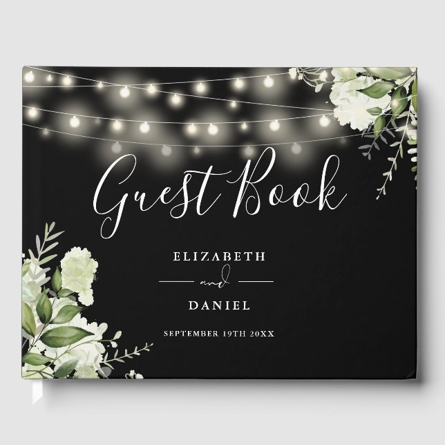 Greenery Floral String Lights Photo Wedding Guest Book (Front)