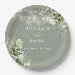 Greenery Floral String Lights Sage Green Wedding Paper Plate