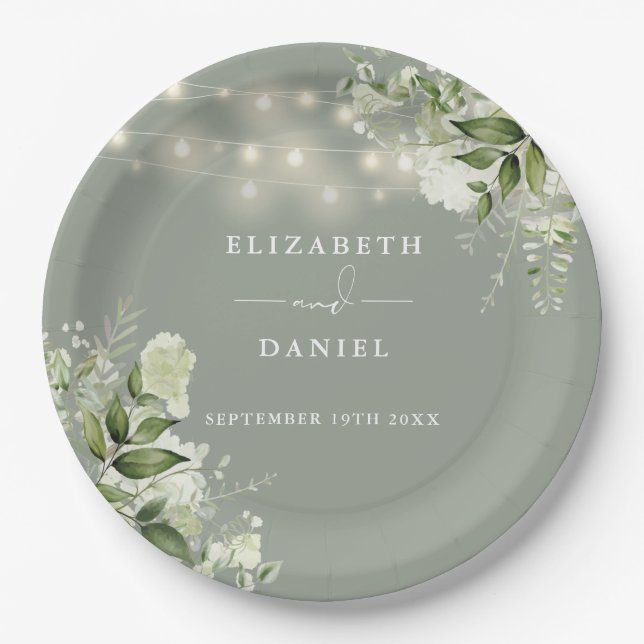 Greenery Floral String Lights Sage Green Wedding Paper Plate (Front)