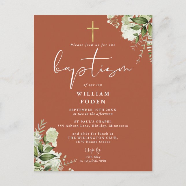 Greenery Floral Terracotta Baptism Invitation Postcard (Front)