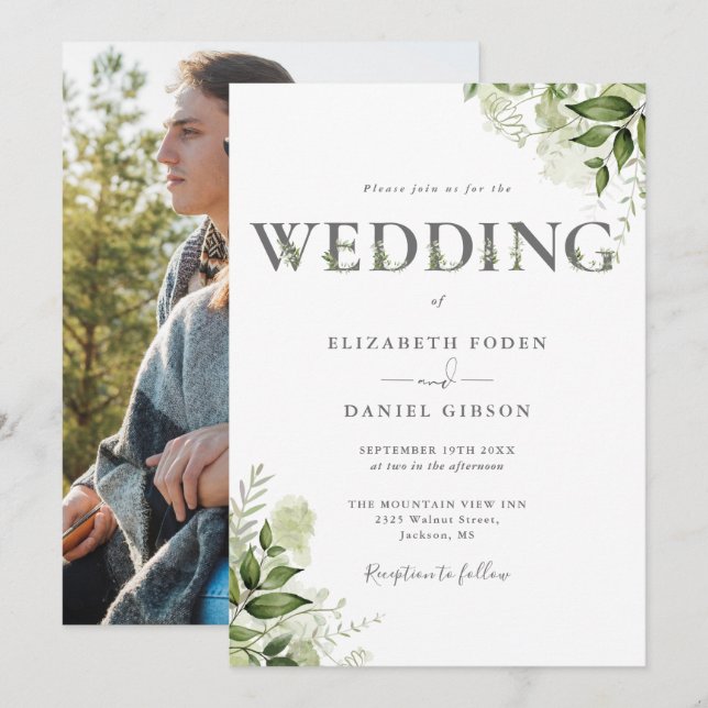 Greenery Floral Typography Photo Wedding Invitation (Front/Back)