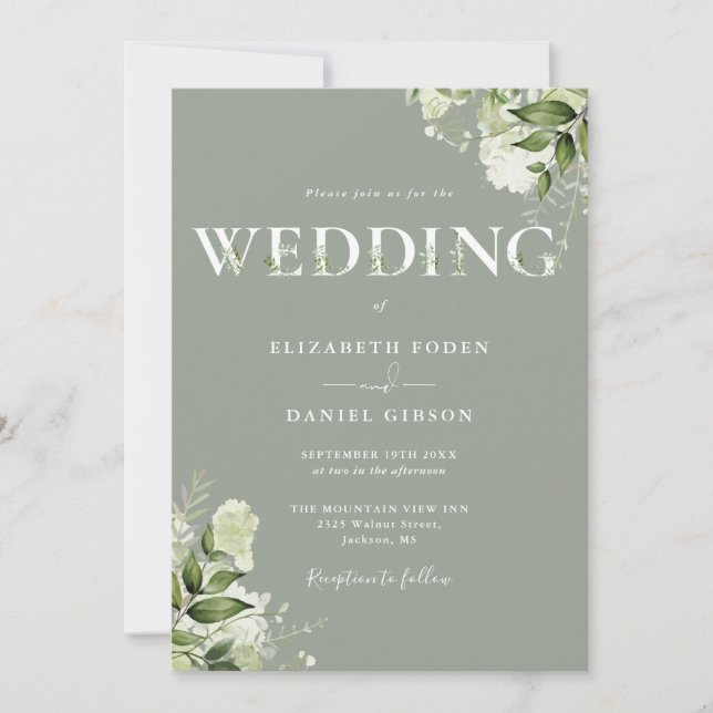 Greenery Floral Typography Sage Green Wedding Invitation (Front)