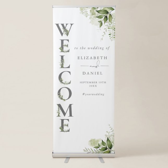 Greenery Floral Typography Wedding Welcome Retractable Banner (Front)