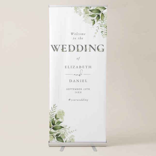 Greenery Floral Typography Wedding Welcome Retractable Banner (Front)