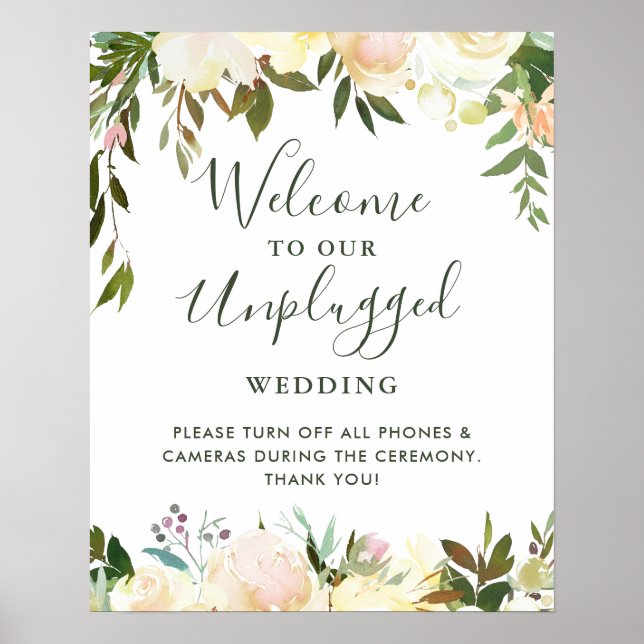 Greenery Floral Unplugged Wedding Ceremony Sign (Front)