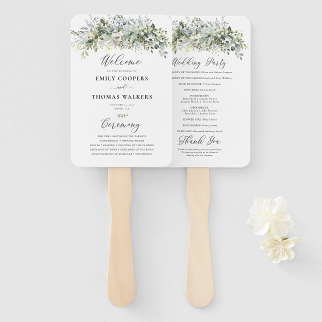 Greenery Floral Wedding Ceremony Program Hand Fan (Front and Back)