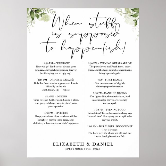 Greenery Floral Wedding Itinerary Sign (Front)