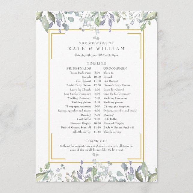 Greenery Floral Wedding Schedule Timeline Programme (Front)