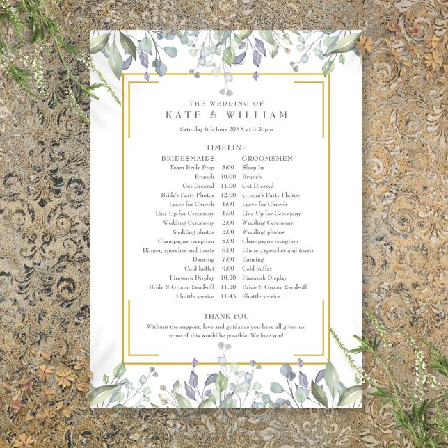Greenery Floral Wedding Schedule Timeline Programme (Greenery Floral Wedding Schedule Timeline Program)