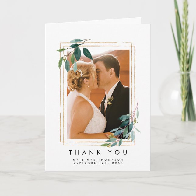 greenery floral wedding thank you photo card (Front)