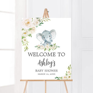 Greenery Floral White Elephant Baby Shower Welcome Poster