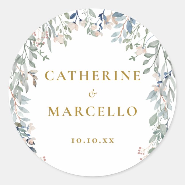 Greenery Floral Wildflowers Wedding Classic Round Sticker (Front)