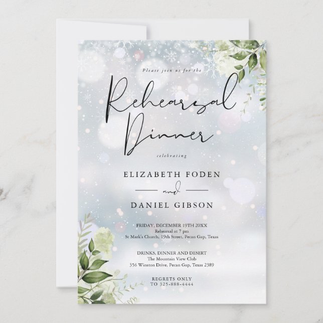 Greenery Floral Winter Rehearsal Dinner Invitation (Front)