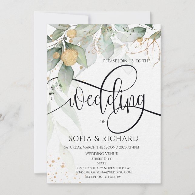 Greenery Floral Wreath watercolor  Calligraphy Invitation (Front)