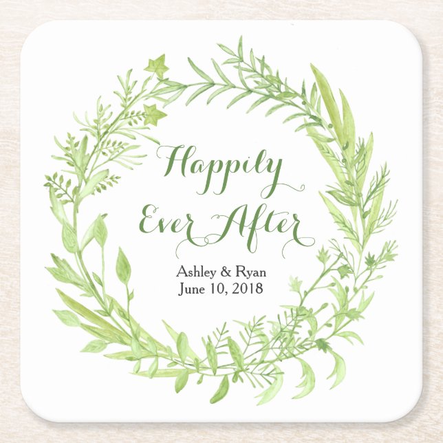 Greenery Floral Wreath Wedding Square Paper Coaster (Front)