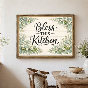 Greenery Florals Bless This Kitchen Wall Art Poste