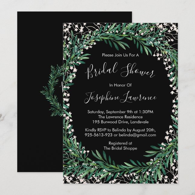 Greenery & Florets Watercolor Black Bridal Shower Invitation (Front/Back)