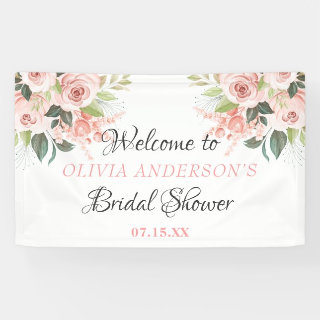Greenery Flower Pink Rose Watercolor Bridal Shower Banner (Horizontal)