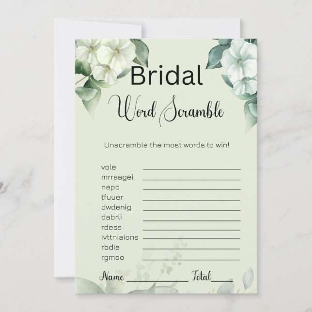 Greenery & Flowers Bridal Green Word Scramble Game Invitation (Front)