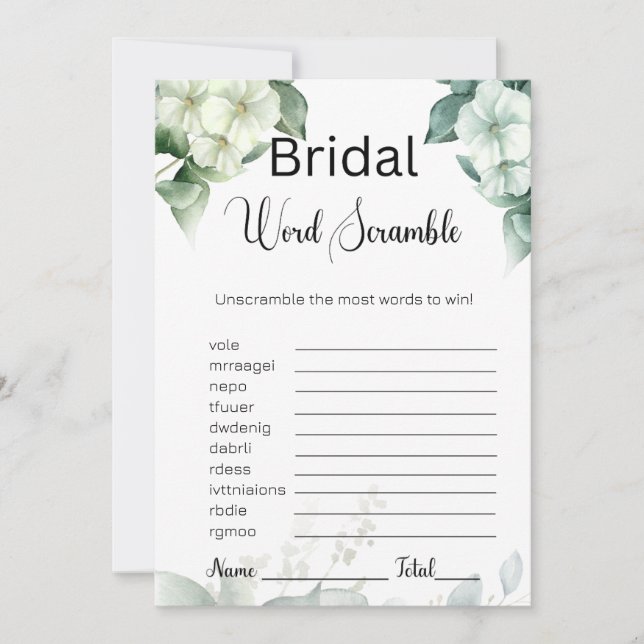Greenery & Flowers Bridal White Word Scramble Game Invitation (Front)
