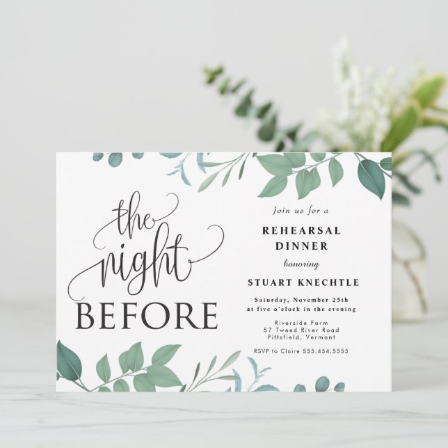 Greenery Flowers The Night Before Rehearsal Dinner Invitation (Standing Front)