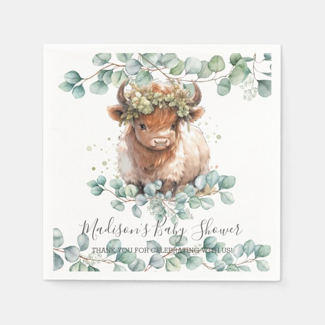 Greenery Fluffy Highland Cow Baby Shower Birthday  Napkin (Front)