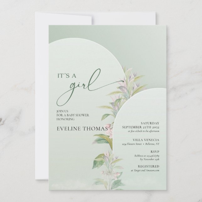 greenery folaige blush floral boho It's a Girl Invitation (Front)
