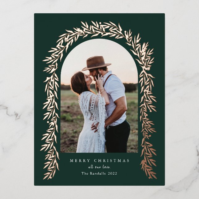 Greenery foliage Arch Garland Photo Rose Gold Foil Holiday Postcard (Front)