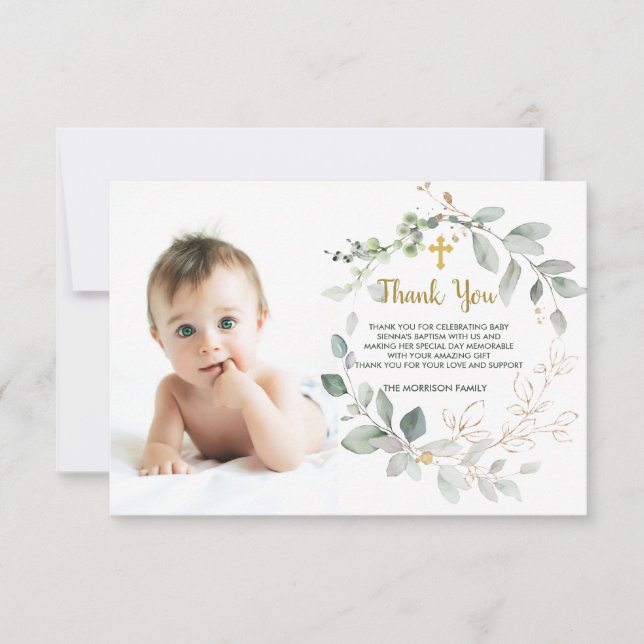 Greenery foliage Baptism Photo Flat Thank You Card (Front)
