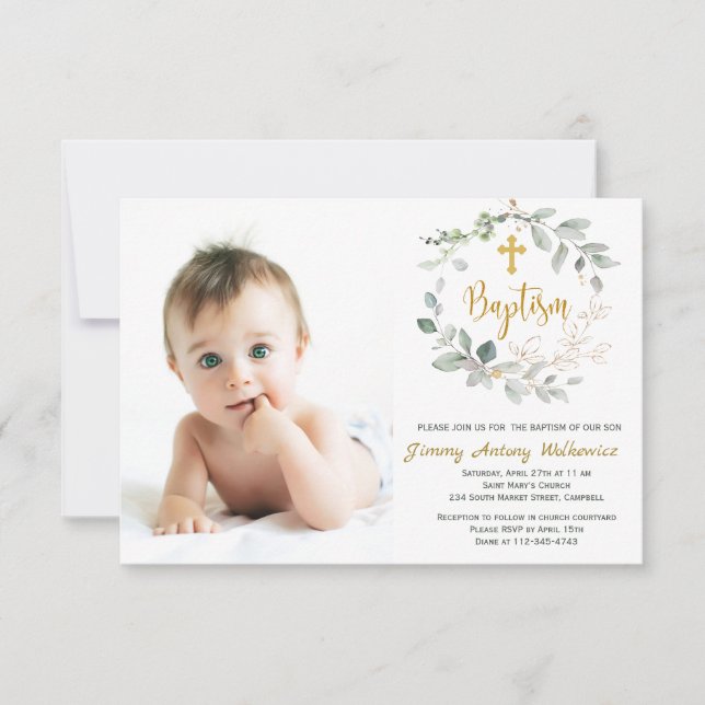 Greenery foliage Baptism Photo Invitation Card (Front)