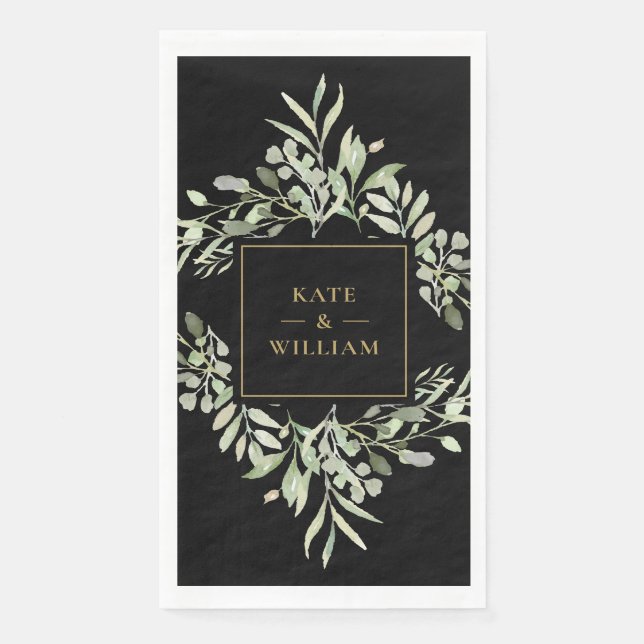 Greenery Foliage Black And Gold Wedding Paper  Napkin (Front)