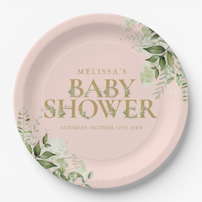 Greenery Foliage Blush Pink Gold Baby Shower Paper Plate (Front)