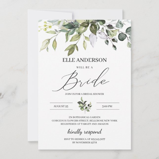 Greenery foliage boho modern bridal shower invitation (Front)