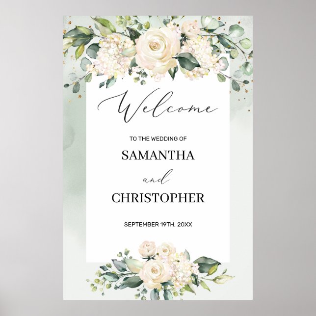 Greenery Foliage Boho White Florals Welcome Sign (Front)