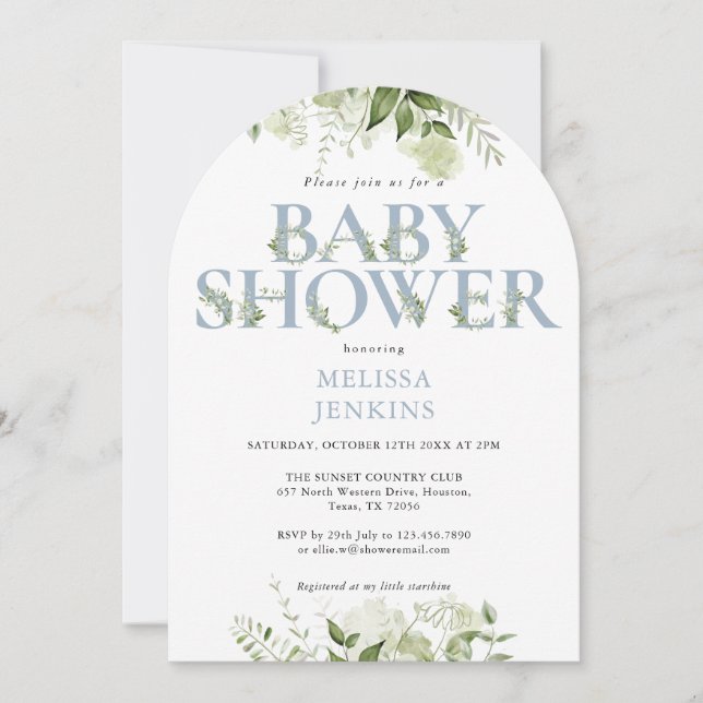 Greenery Foliage Boy Dusty Blue Letter Baby Shower Invitation (Front)