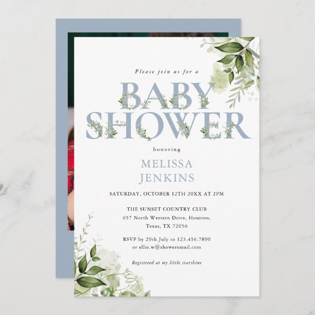 Greenery Foliage Boy Dusty Blue Photo Baby Shower Invitation (Front/Back)