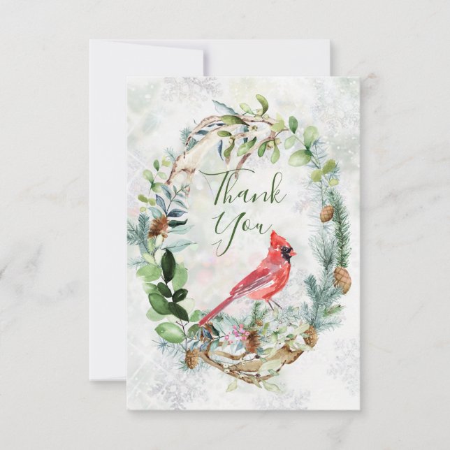 Greenery Foliage, Cardinal Bird Thank You Card (Front)